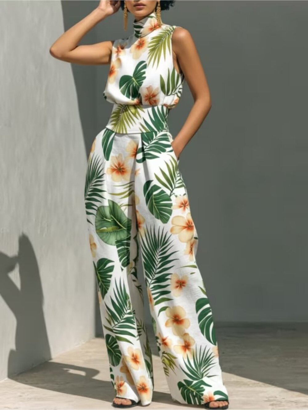 Tropical Floral Wide Leg Jumpsuit Green Orange Resort Vacation Outfit